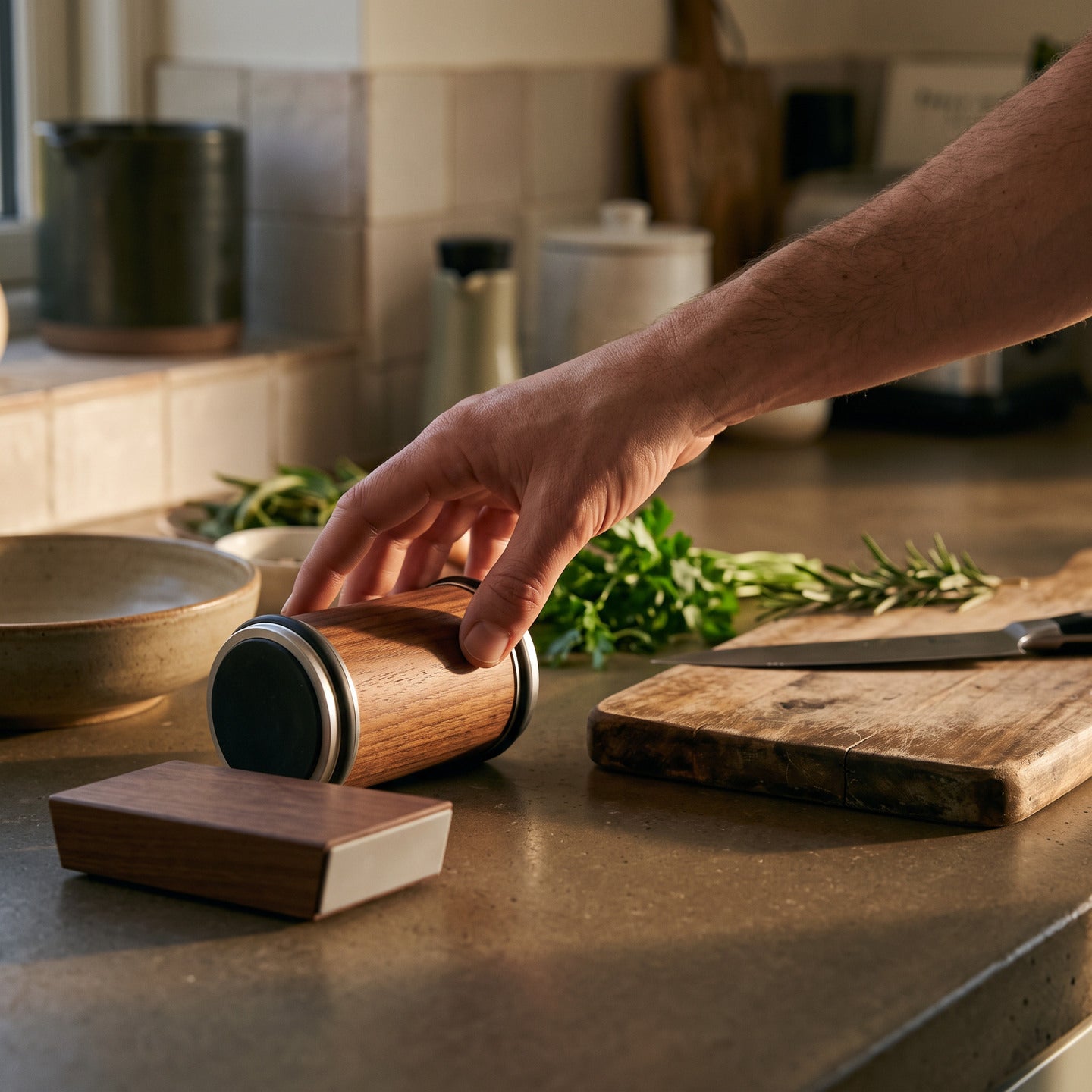 Cutwell beside a chopping board and ingredients ready for dinner prep