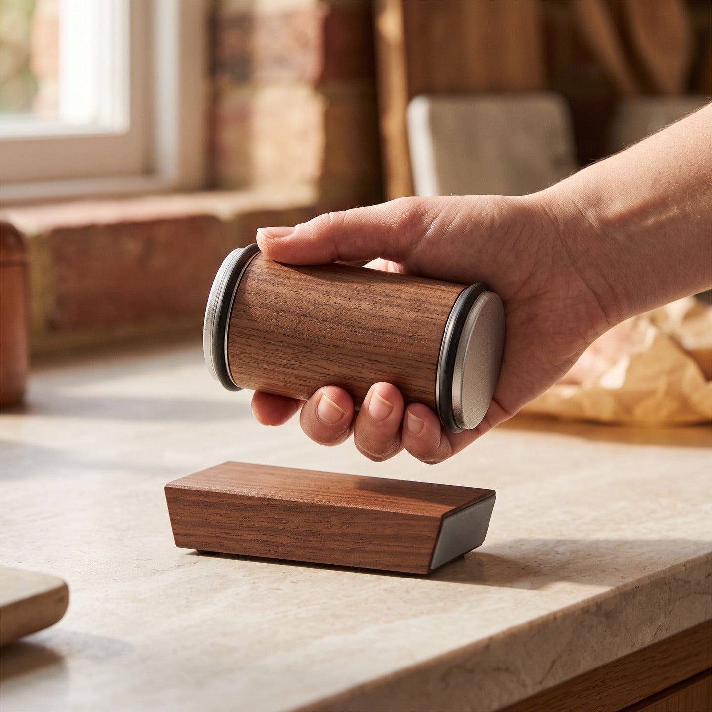 A hand holding the wood roller to show its metal end disc and rubber rings