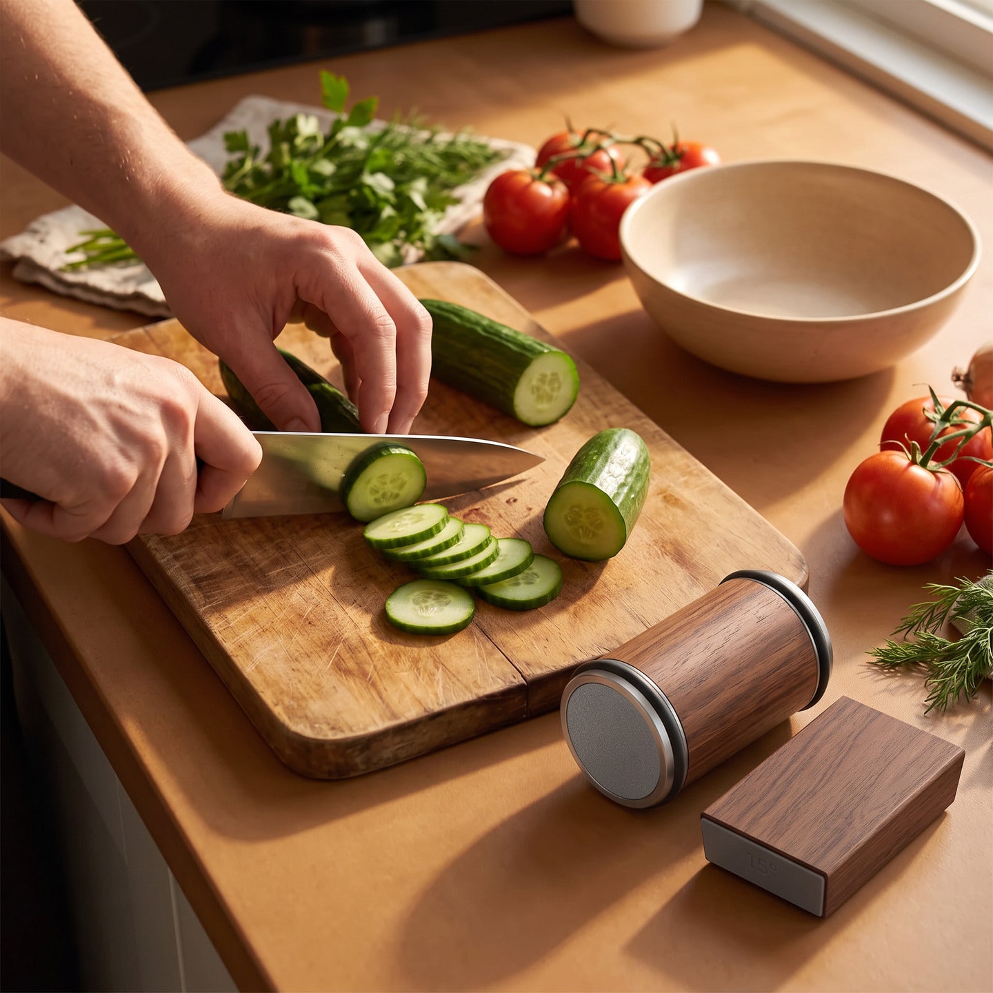 Slicing dinner ingredients with the Cutwell set nearby