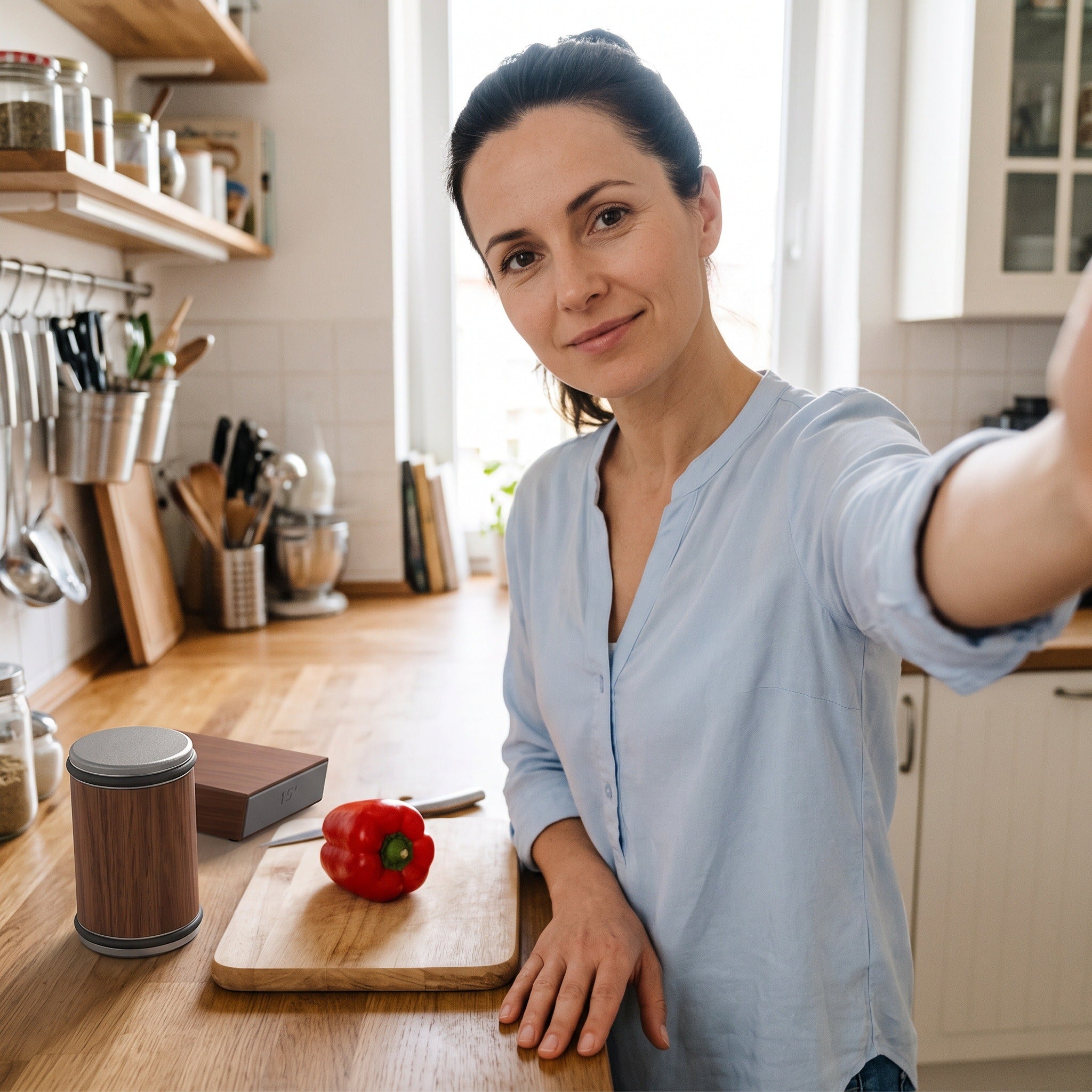 A home cook taking a natural kitchen selfie with Cutwell on the counter