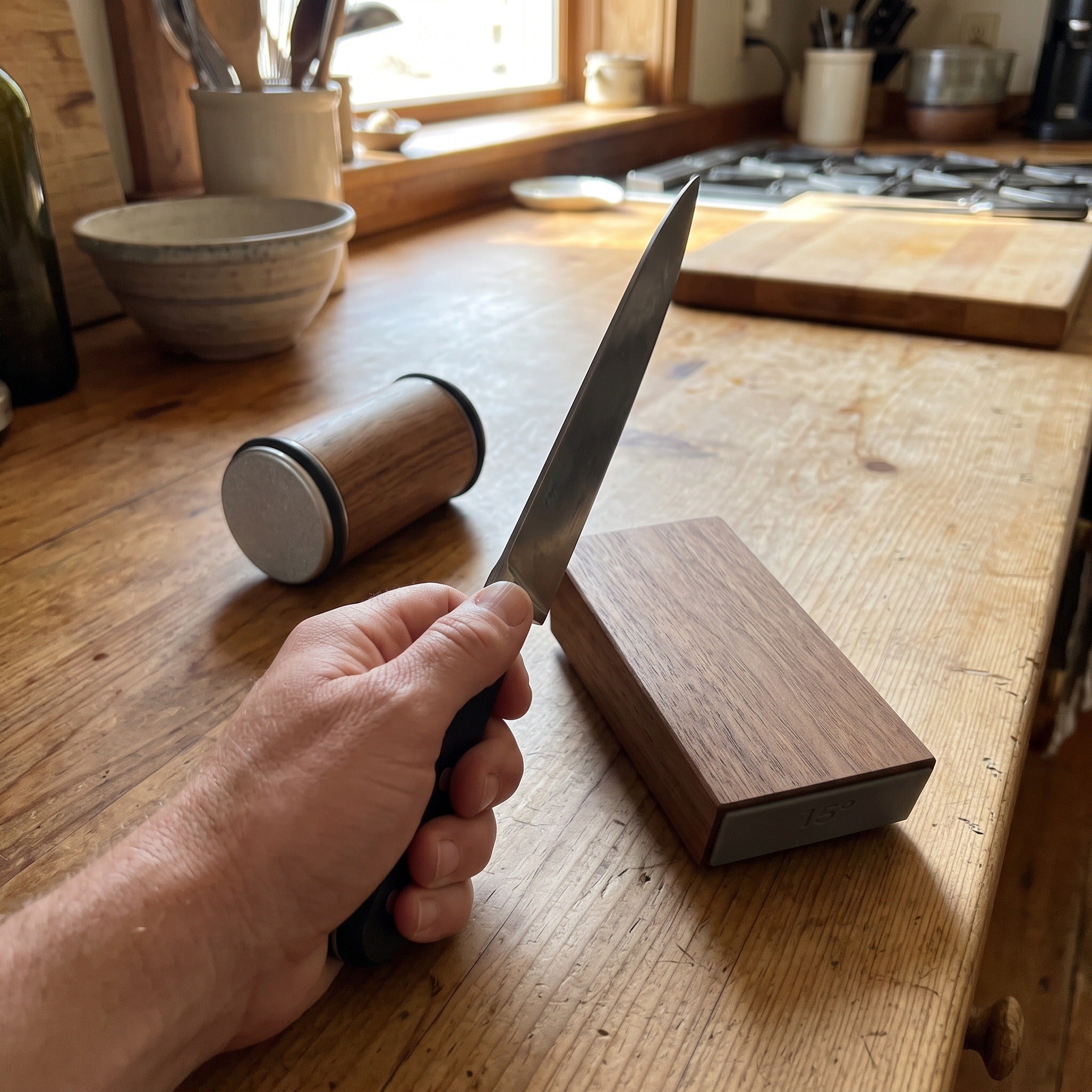A hand inspecting the roller’s abrasive end disc