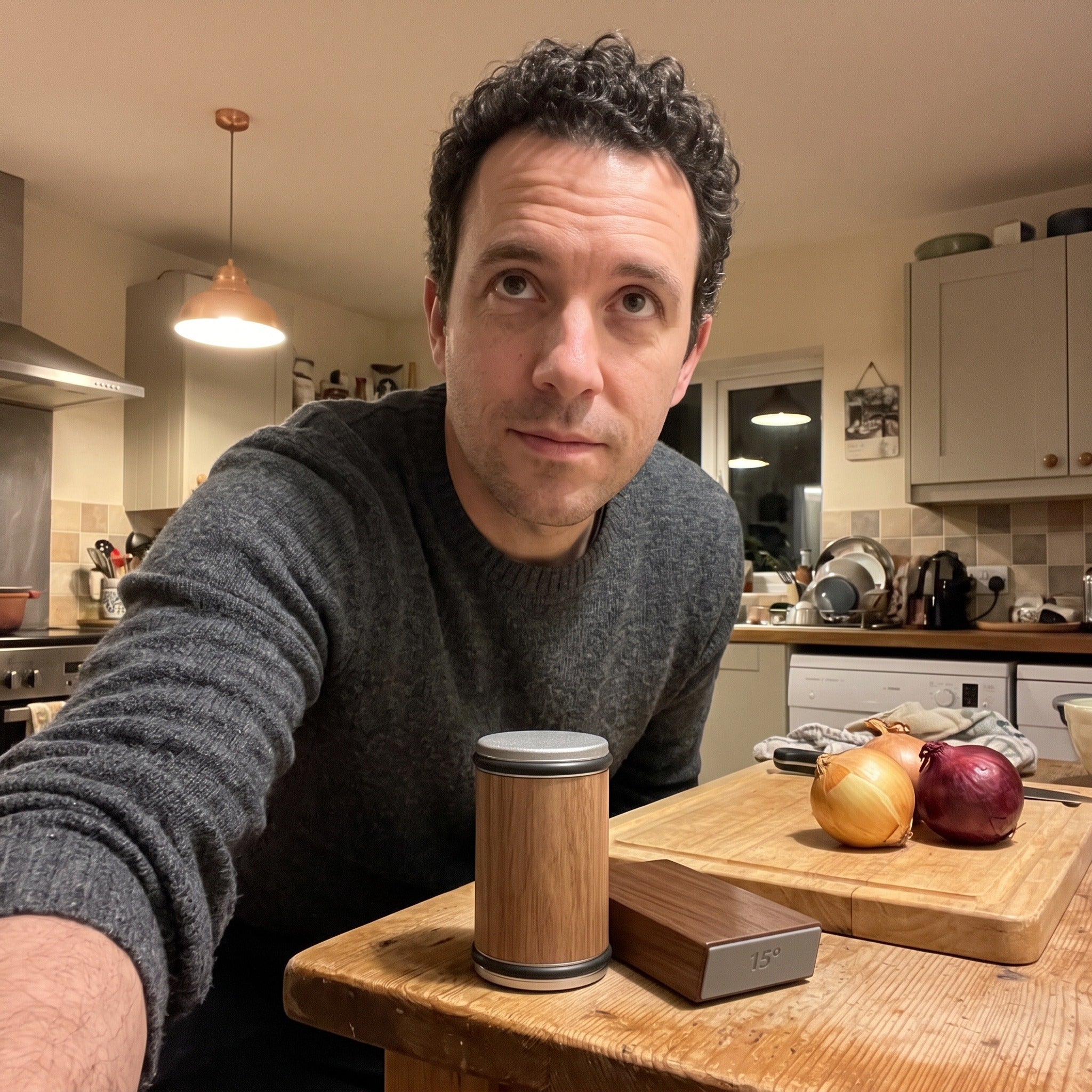 Another home cook’s casual kitchen selfie with Cutwell nearby