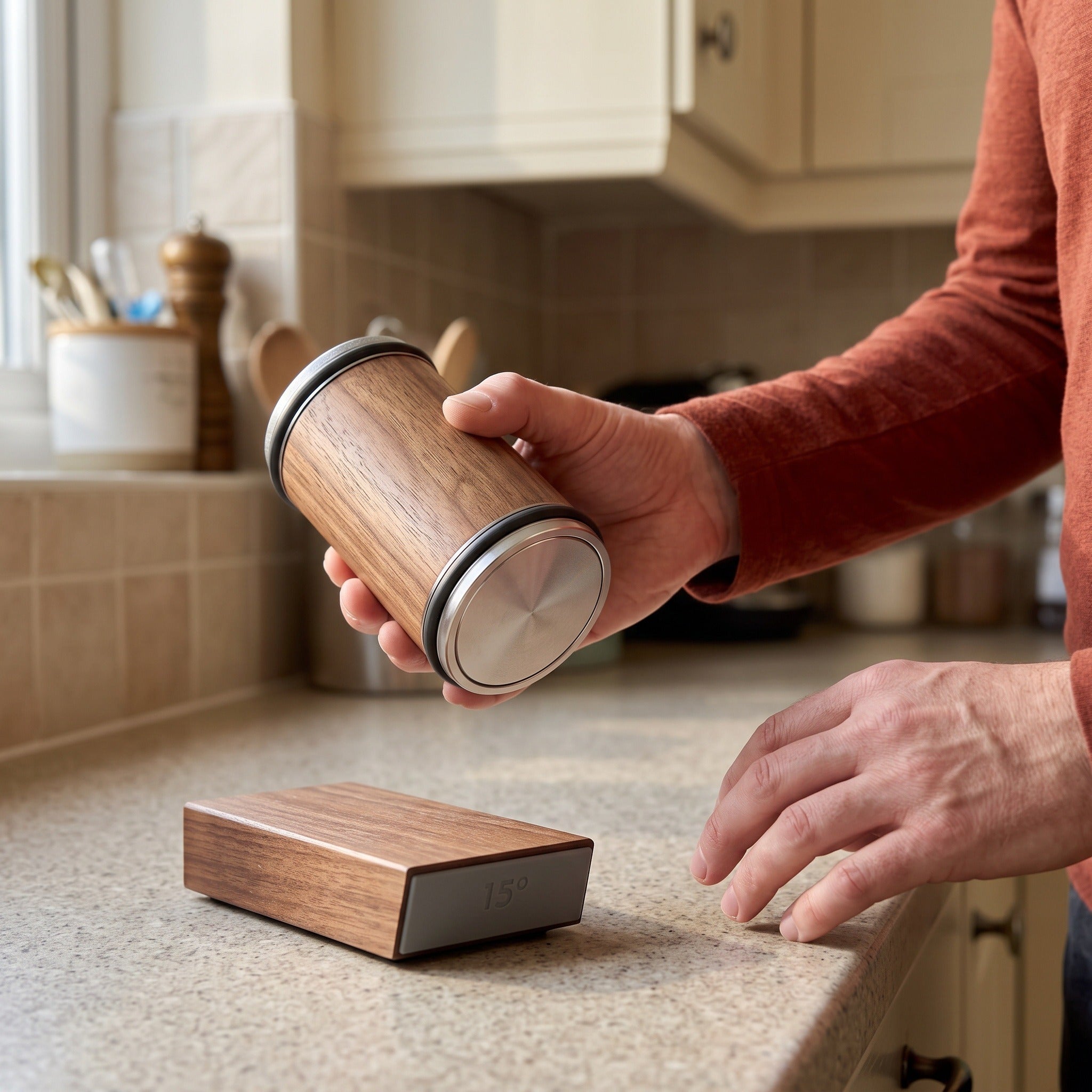 A hand holding the intact wood roller for a closer look