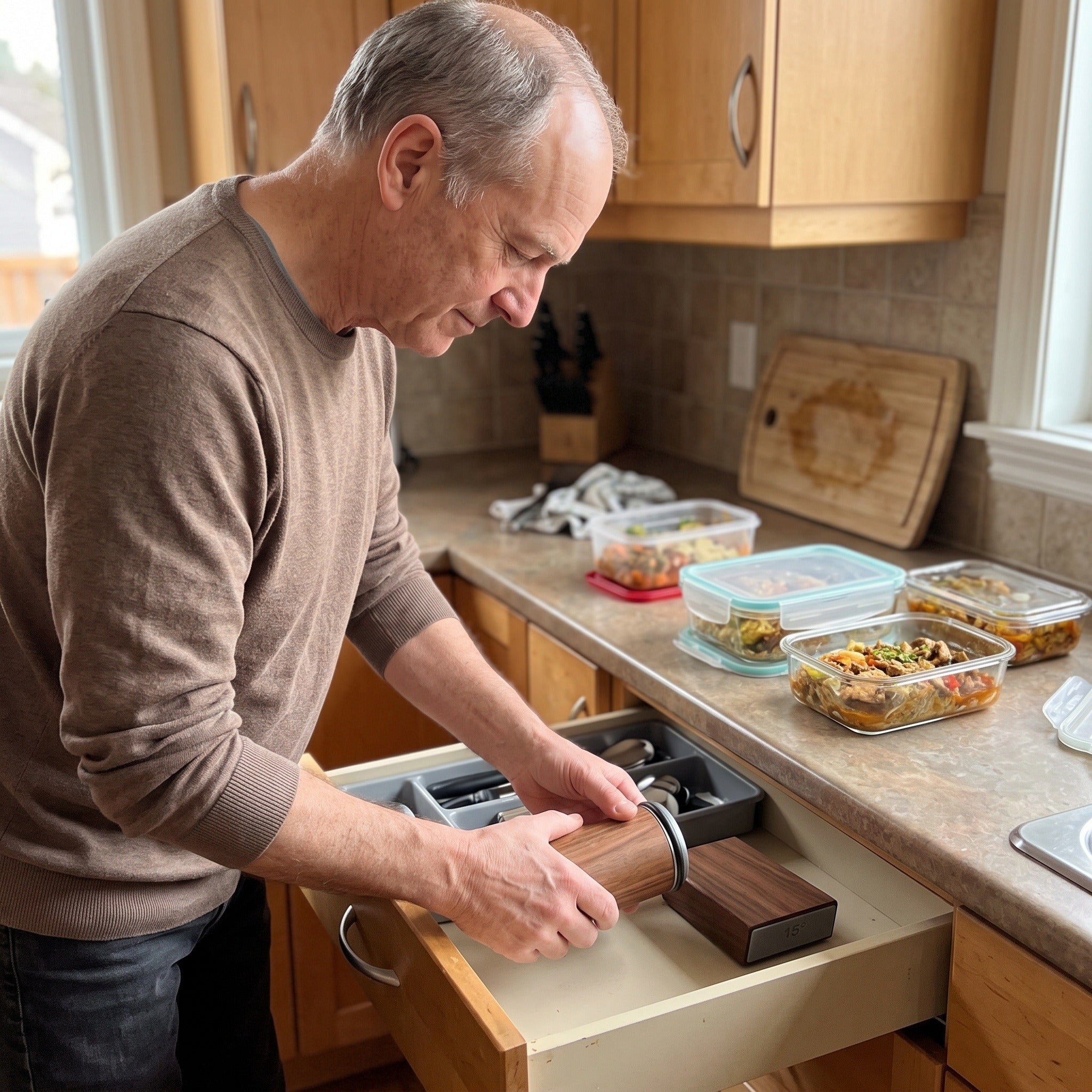 Drew K. in a home kitchen with the Cutwell roller and angle block